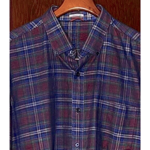 BUGATCHI SHIRT LT WEIGHT PLAID FINE WALE CORDUROY SHAPED FIT BLUE RED GREEN XL - Picture 1 of 4